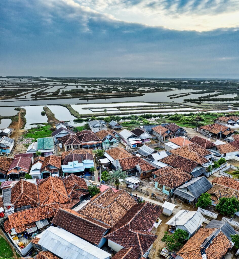 Small settlement with typical residential buildings with colorful roofs located in rural terrain near agricultural rice fields against cloudy sky